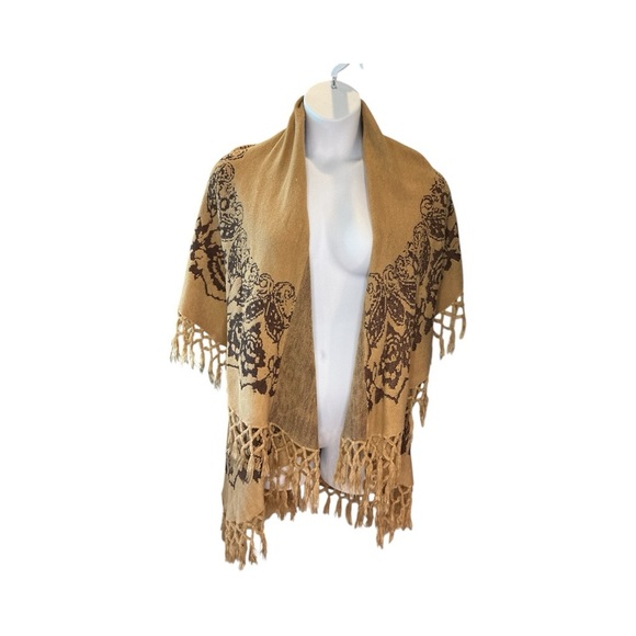 Raj Acrylic Paisley Boho Fringe Scarf Shawl Poncho Wrap Tan Brown - Picture 4 of 9